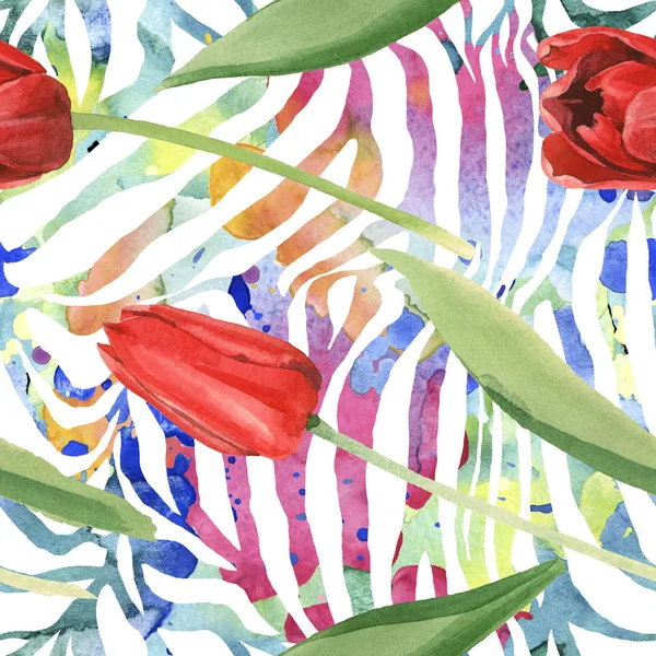 Red Tulips Green Leaves Zebra Background Watercolor Illustration Set Seamless — Stock Photo, Image