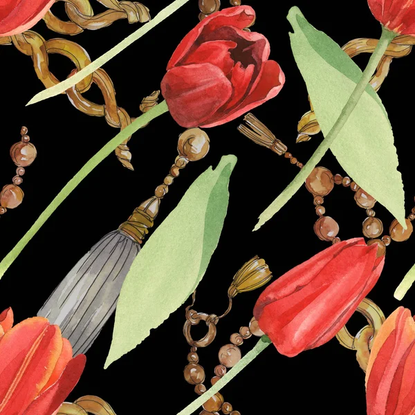 Red Tulips Green Leaves Golden Chains Isolated Black Watercolor Illustration — Stock Photo, Image