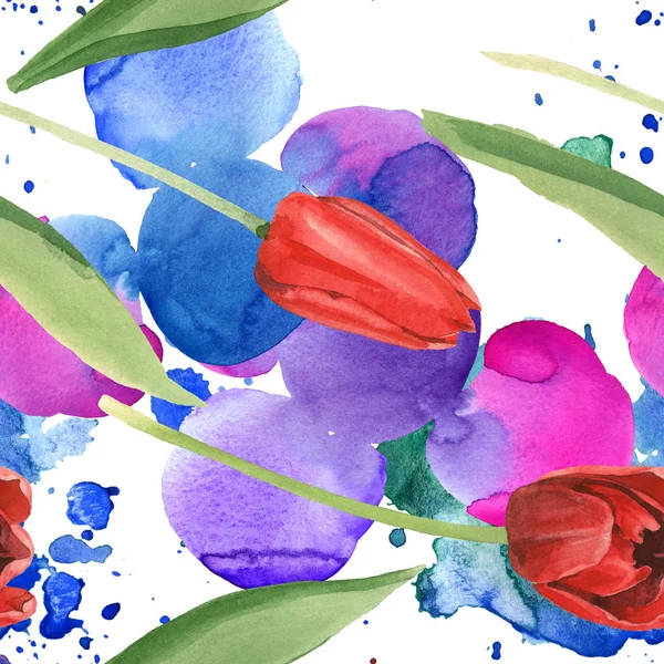 Red tulips with green leaves and paint spills. Watercolor illustration set. Seamless background pattern.