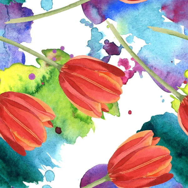 Red tulips and paint spills. Watercolor illustration set. Seamless background pattern.