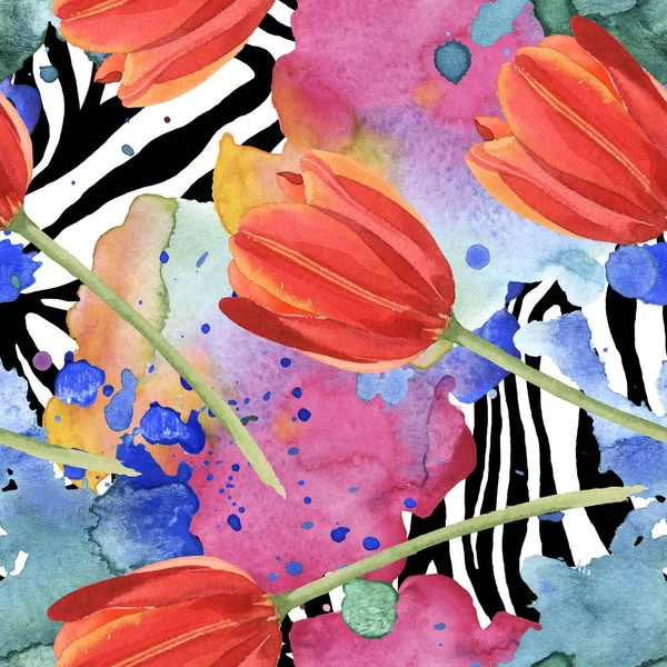 Red tulips and paint spills on zebra background. Watercolor illustration set. Seamless background pattern.