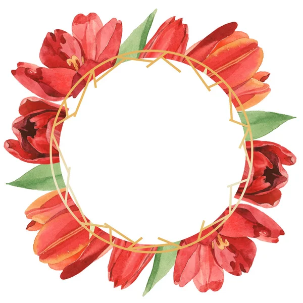 Wreath Red Tulips Green Leaves Illustration Isolated White Frame Ornament — Stock Photo, Image