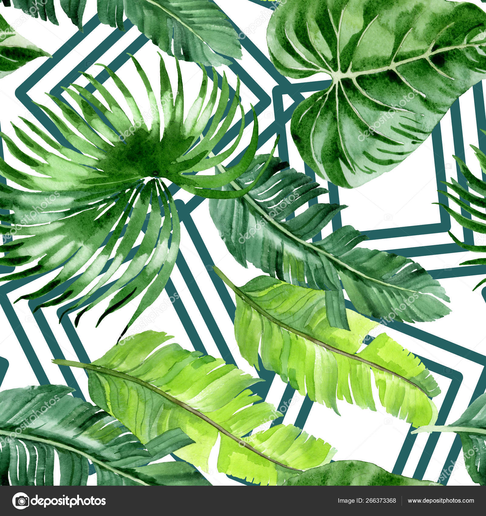 Exotic Tropical Hawaiian Palm Tree Leaves Watercolor Background