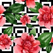 rosa Kamelienblüten mit grünen Blättern. Aquarell-Illustrationsset vorhanden. nahtloses Hintergrundmuster. 