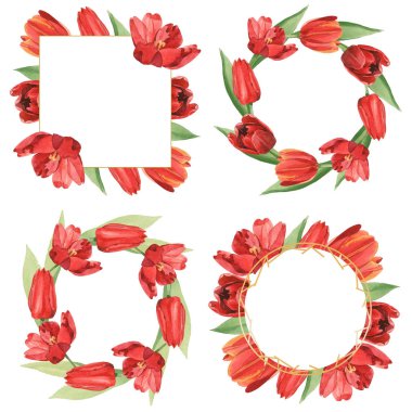 Wreaths of red tulips with green leaves illustration isolated on white. Frame ornaments with copy space. clipart