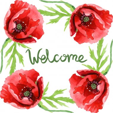 Red poppies with green leaves isolated on white. Watercolor background illustration set. Frame ornament with welcome lettering. clipart