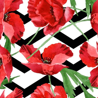 Yeşil yaprakları suluboya illüstrasyon seti ile Kırmızı haşhaş. Kesintisiz arka plan deseni. 