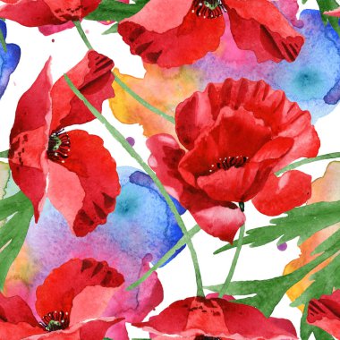 Yeşil yaprakları suluboya illüstrasyon seti ile Kırmızı haşhaş. Kesintisiz arka plan deseni. 