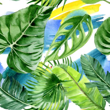 Egzotik tropikal hawaii palmiye ağacı yaprakları. Suluboya arka plan illüstrasyon seti. Kesintisiz arka plan deseni. 