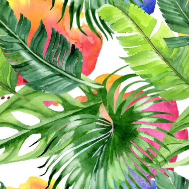 Exotic tropical hawaiian palm tree leaves. Watercolor background illustration set. Seamless background pattern.  clipart