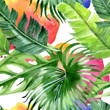 Exotic tropical hawaiian palm tree leaves. Watercolor background illustration set. Seamless background pattern.  clipart