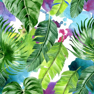 Egzotik tropikal hawaii palmiye ağacı yaprakları. Suluboya arka plan illüstrasyon seti. Kesintisiz arka plan deseni. 