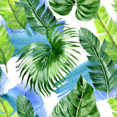 Egzotik tropikal hawaii palmiye ağacı yaprakları. Suluboya arka plan illüstrasyon seti. Kesintisiz arka plan deseni. 