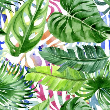 Exotic tropical hawaiian palm tree leaves. Watercolor background illustration set. Seamless background pattern.  clipart