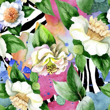 Yeşil yapraklı beyaz kamelya çiçekleri suluboya çizim seti. Kusursuz arkaplan deseni.