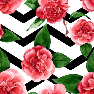 Yeşil yapraklı pembe kamelya çiçekleri. Suluboya illüstrasyon seti. Kesintisiz arka plan deseni. 