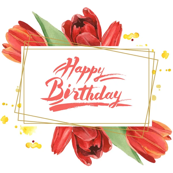 红色郁金香与绿叶隔离在白色 水彩背景插图集 框架与鲜花和生日快乐题词 — 图库照片