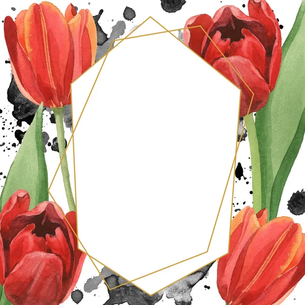 Red Tulips Green Leaves Illustration Isolated White Frame Ornament Black — Stock Photo, Image