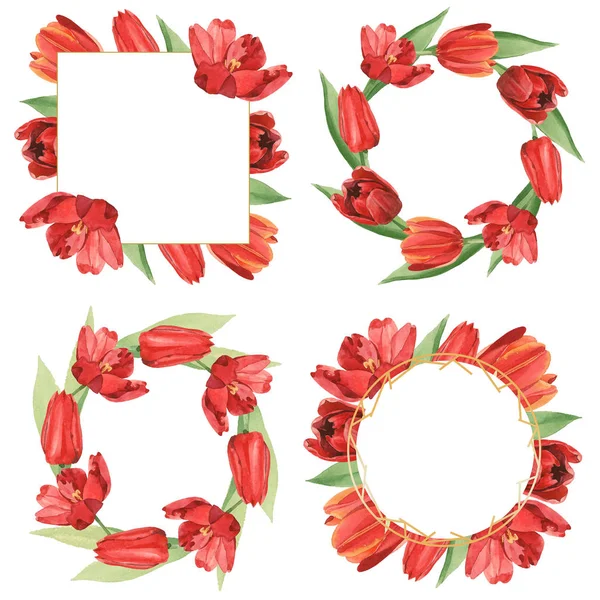 Wreaths Red Tulips Green Leaves Illustration Isolated White Frame Ornaments — Stock Photo, Image