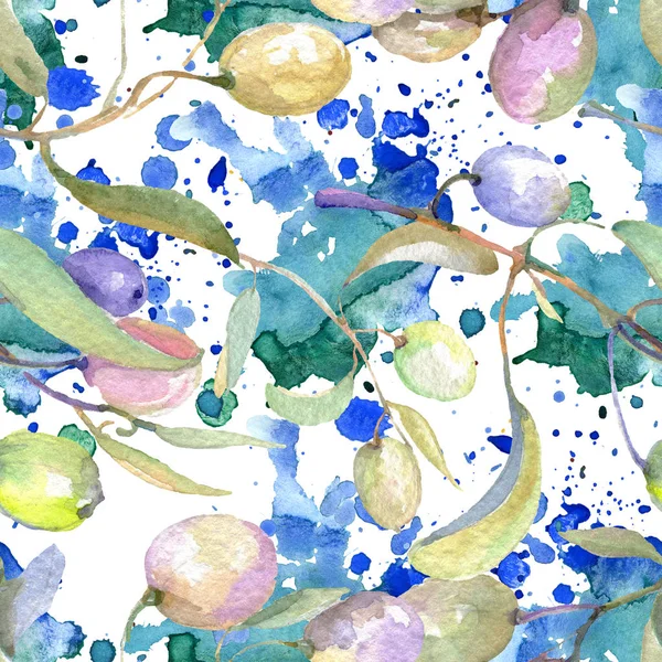 Olivenzweige Mit Grünen Früchten Und Blättern Aquarell Hintergrundillustration Set Nahtloses — Stockfoto