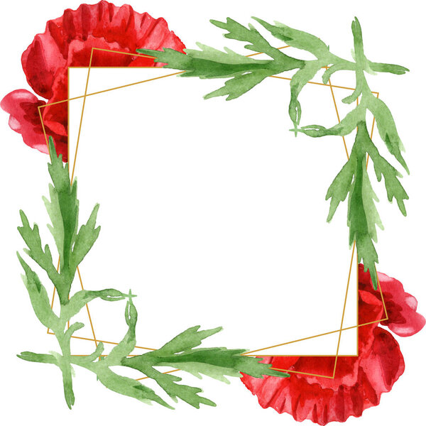Red poppies with green leaves isolated on white. Watercolor background illustration set. Frame ornament with copy space.
