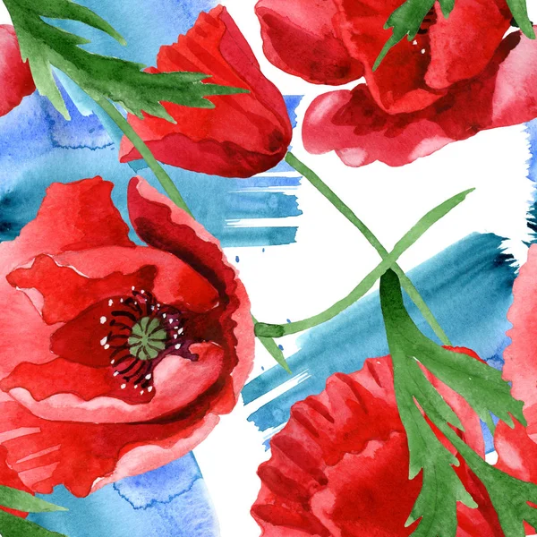 Red Poppies Green Leaves Watercolor Illustration Set Seamless Background Pattern — Stock Photo, Image