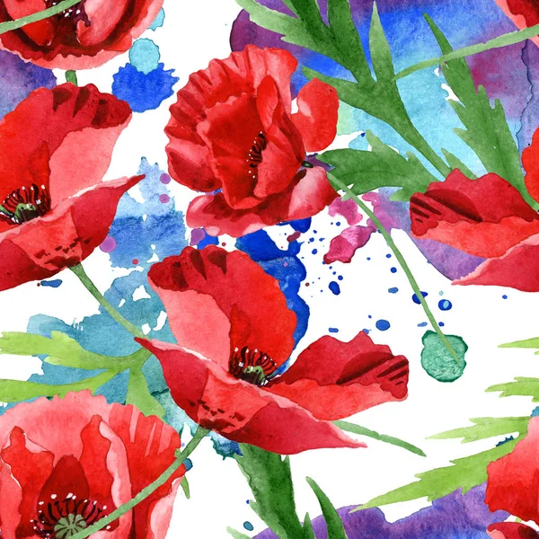 Red Poppies Green Leaves Watercolor Illustration Set Seamless Background Pattern — Stock Photo, Image