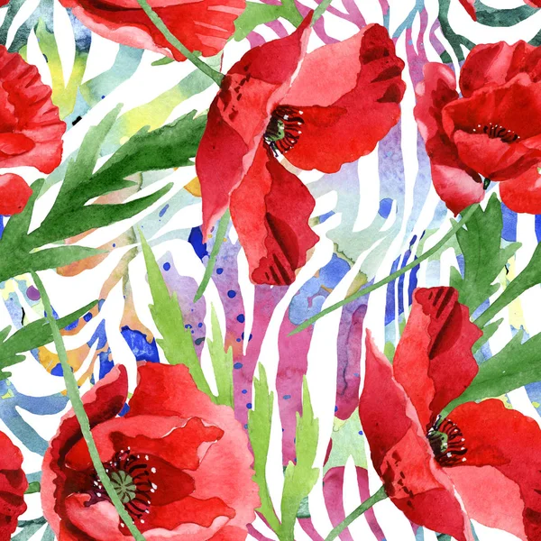 Rote Mohnblumen Mit Grünen Blättern Aquarell Illustrationsset Nahtloses Hintergrundmuster — Stockfoto