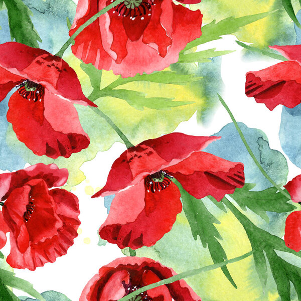 Red poppies with green leaves watercolor illustration set. Seamless background pattern. 