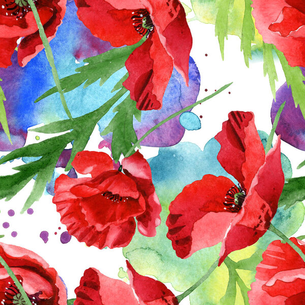 Red poppies with green leaves watercolor illustration set. Seamless background pattern. 