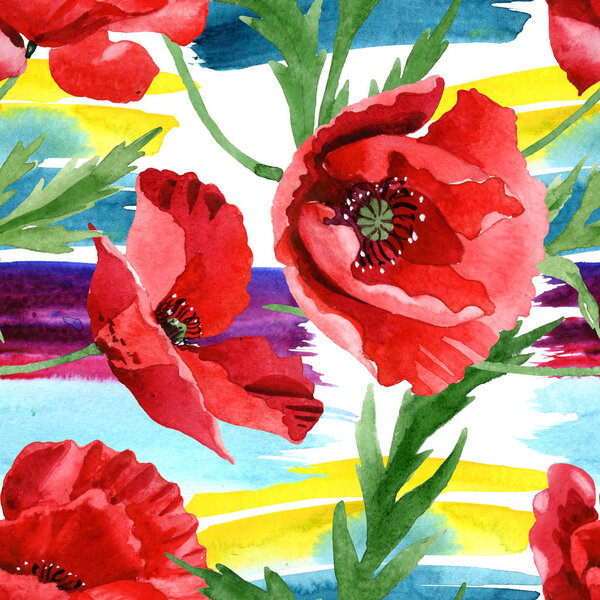 Red poppies with green leaves watercolor illustration set. Seamless background pattern. 