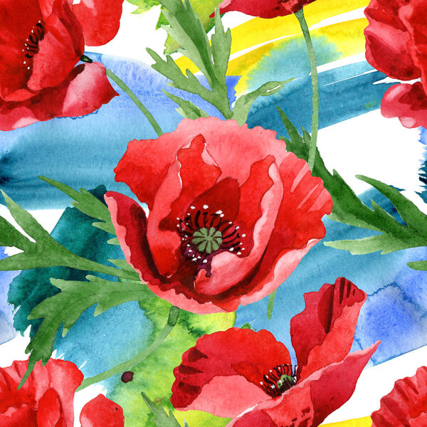 Red poppies with green leaves watercolor illustration set. Seamless background pattern. 