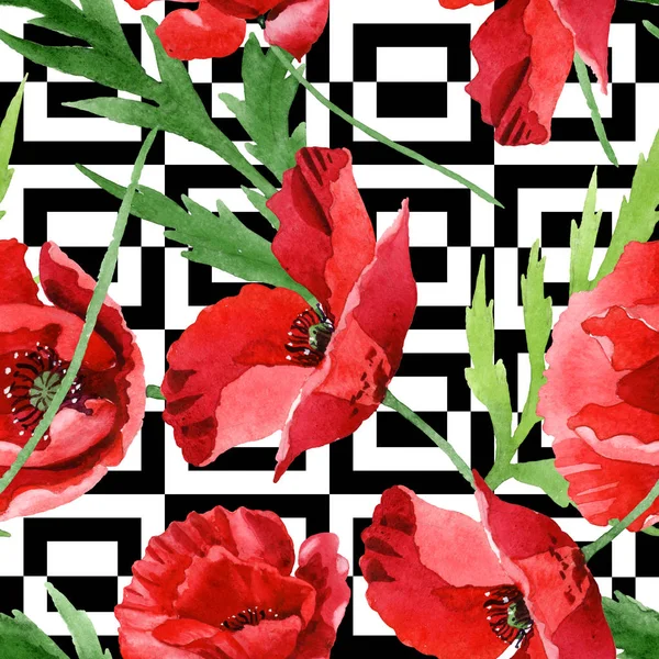 Red Poppies Green Leaves Watercolor Illustration Set Seamless Background Pattern — Stock Photo, Image