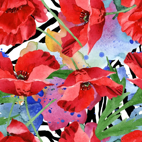 Red Poppies Green Leaves Watercolor Illustration Set Seamless Background Pattern — Stock Photo, Image