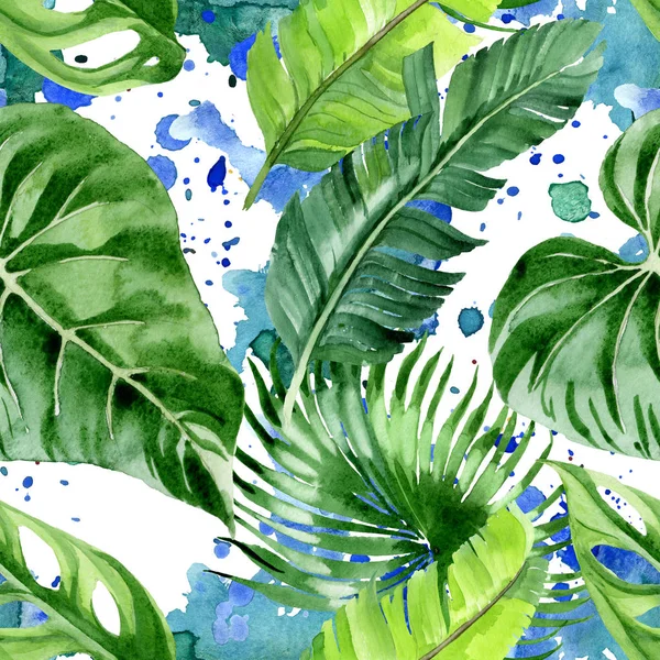 Exotic tropical hawaiian palm tree leaves. Watercolor background illustration set. Seamless background pattern. 