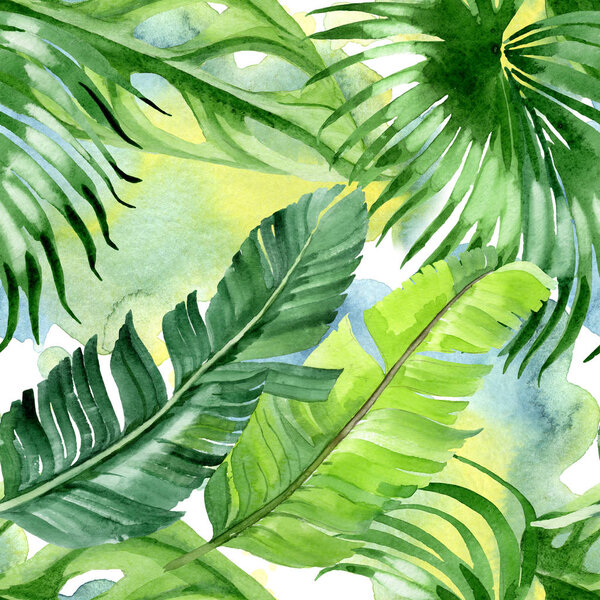 Exotic tropical hawaiian palm tree leaves. Watercolor background illustration set. Seamless background pattern. 