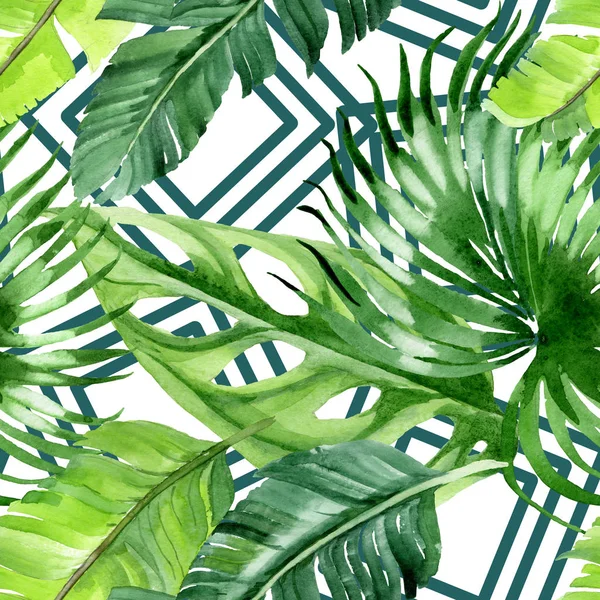 Folhas Palmeira Exóticas Tropicais Havaianas Conjunto Ilustração Fundo Aquarela Padrão — Fotografia de Stock