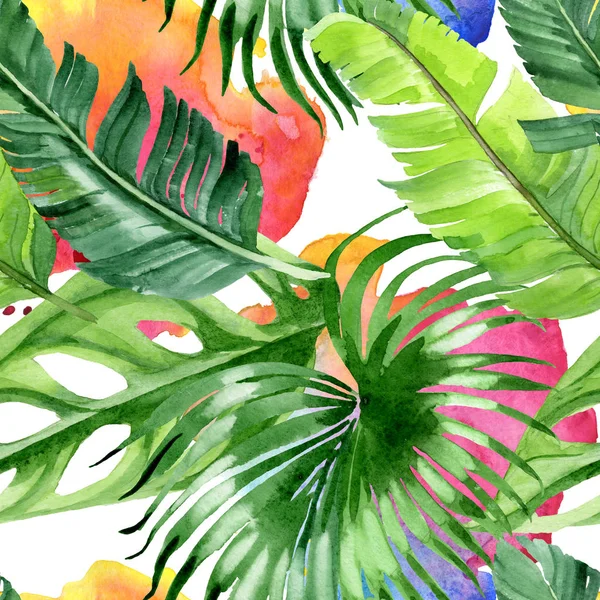 Exotic tropical hawaiian palm tree leaves. Watercolor background illustration set. Seamless background pattern. 