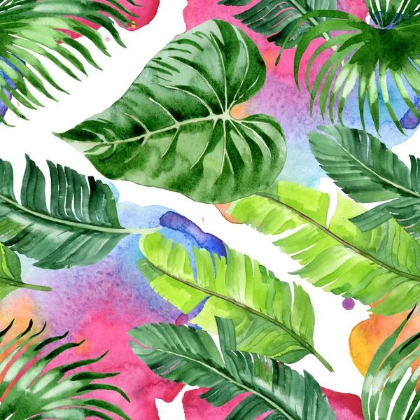 Exotic tropical hawaiian palm tree leaves. Watercolor background illustration set. Seamless background pattern. 