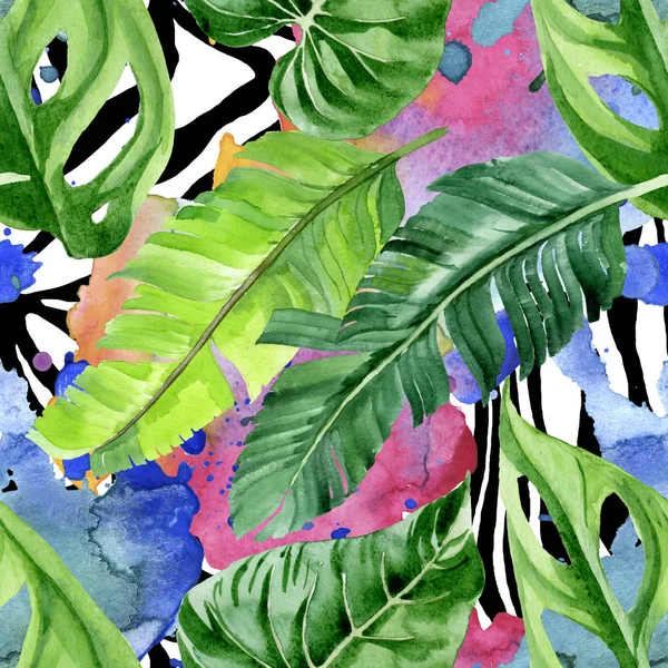 Exotic tropical hawaiian palm tree leaves. Watercolor background illustration set. Seamless background pattern. 