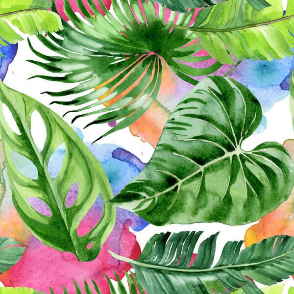 Exotic tropical hawaiian palm tree leaves. Watercolor background illustration set. Seamless background pattern. 