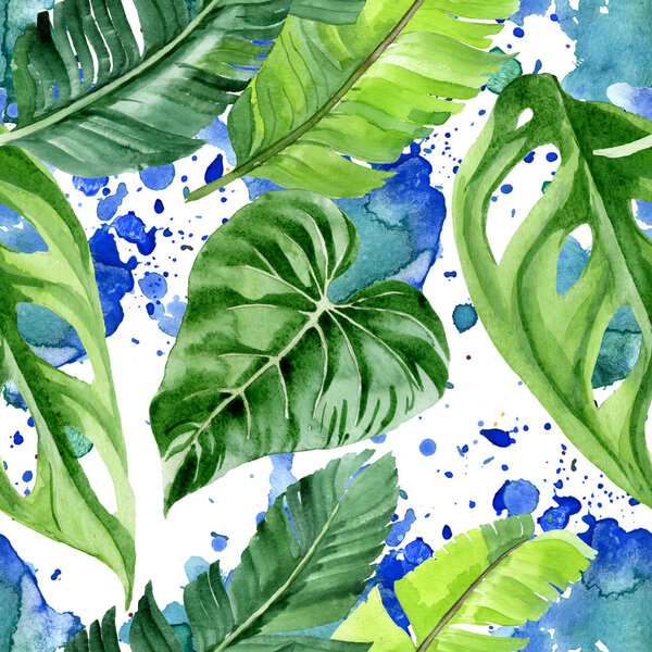 Exotic tropical hawaiian palm tree leaves. Watercolor background illustration set. Seamless background pattern. 