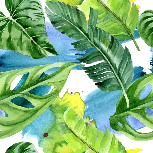 Exotic tropical hawaiian palm tree leaves. Watercolor background illustration set. Seamless background pattern. 