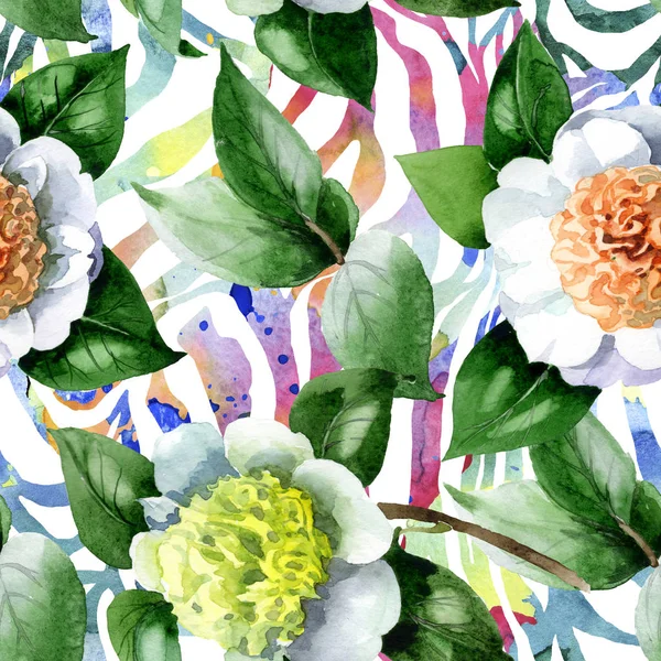 Białe Kwiaty Kamelii Zielonymi Liśćmi Akwarela Ilustracja Zestaw Płynny Wzór — Zdjęcie stockowe