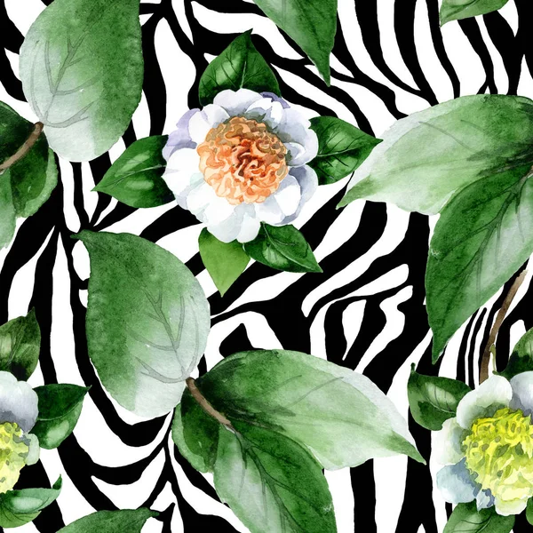 緑の葉を持つ白い椿の花の水彩画セット シームレスな背景パターン — ストック写真