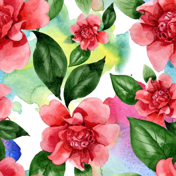 Pink Camellia Flowers Green Leaves Watercolor Illustration Set Seamless Background — Stock Photo, Image