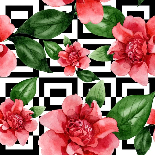 Roze Camellia Bloemen Met Groene Bladeren Aquarel Illustratie Set Naadloos — Stockfoto