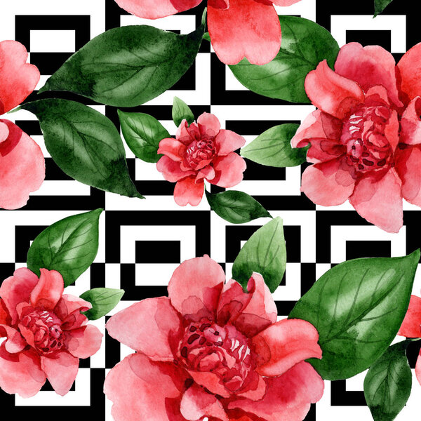 Pink camellia flowers with green leaves. Watercolor illustration set. Seamless background pattern. 