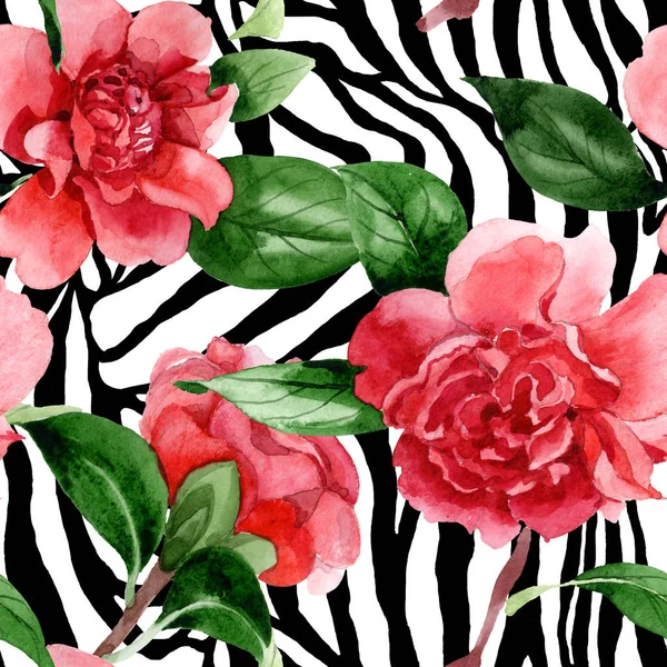 Flores Camélia Rosa Com Folhas Verdes Conjunto Ilustrações Aquarela Padrão — Fotografia de Stock