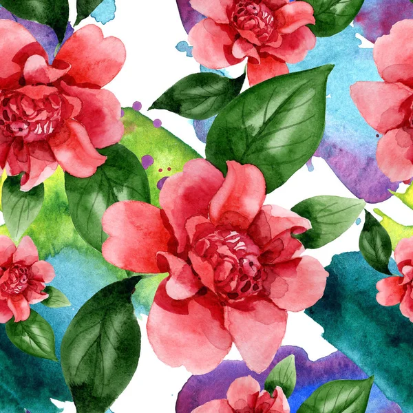 Pink Camellia Flowers Green Leaves Watercolor Illustration Set Seamless Background — Stock Photo, Image